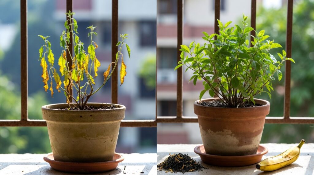 Balkon saksısında yetişen bitkilerin önce ve sonra görünümü