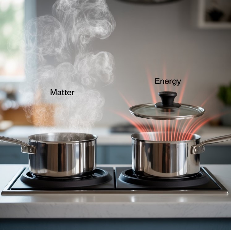 Imagine two identical saucepans containing water on a stove. The first saucepan has no lid; as the water boils, steam (matter) and heat (energy) escape into the room. This is an open system. The second saucepan has a tightly sealed lid. As it boils, only heat (energy) escapes through the walls and lid of the pan, but the steam (matter) is trapped inside. This represents a closed system.
