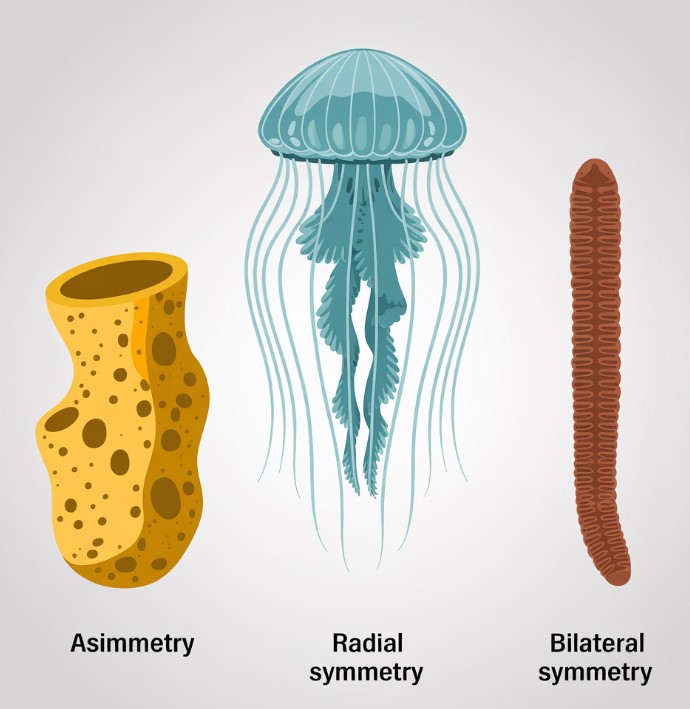 Showing the difference between asymmetry (sponge), radial symmetry (jellyfish), and bilateral symmetry (flatworm)